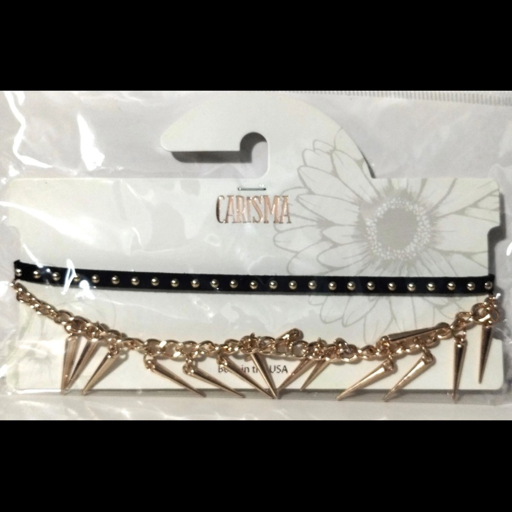 2 pc Carisma Gold Tone Spike & Black Suede Choker Set